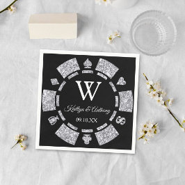 Silver Glitter Monogram Poker Chip Casino Wedding Servet