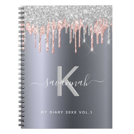 Silver glitter monogram roos goudroze dagboek notitieboek (Voorkant)