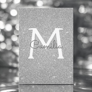 Silver Glitter Monogram Sparkle Quinceanera Kaart