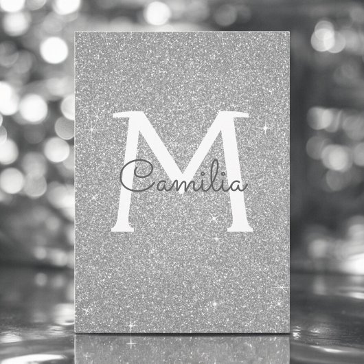 Silver Glitter Monogram Sparkle Quinceanera Kaart