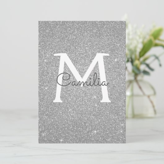 Silver Glitter Monogram Sparkle Quinceanera Kaart (Staand voorkant)