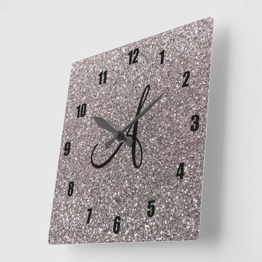 Silver glitter-monogram vierkante klok (Hoek)