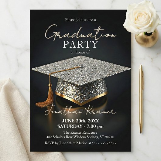 Silver Glitter Mosaic Black Gold Graduation Party Kaart