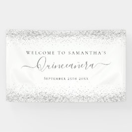 Silver Glitter Naam Datum Welkom bij Quinceañera Spandoek