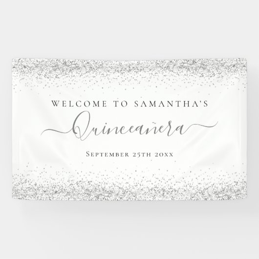 Silver Glitter Naam Datum Welkom bij Quinceañera Spandoek (Horizontaal)