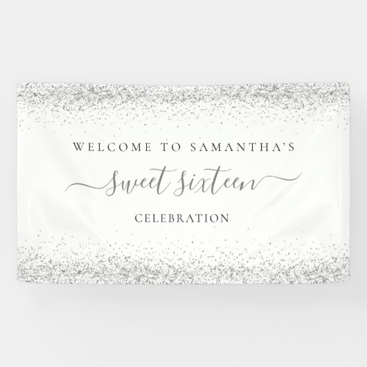Silver Glitter Naam Datum Welkom bij Sweet Sixteen Spandoek (Horizontaal)