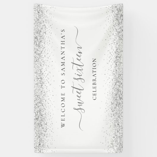 Silver Glitter Naam Datum Welkom bij Sweet Sixteen Spandoek (Verticaal)