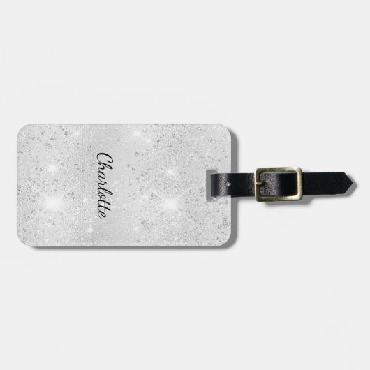 Silver glitter-naam glamoureus bagagelabel (Voorkant horizontaal)