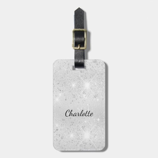 Silver glitter-naam glamoureus bagagelabel (Voorkant verticaal)