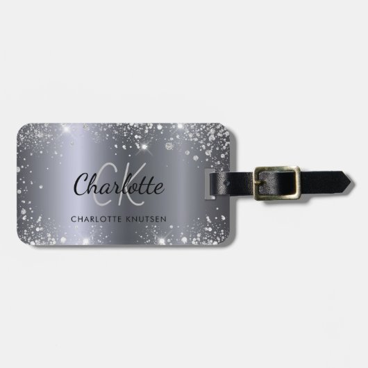 Silver glitter-naam monogram initiaal bagagelabel (Voorkant horizontaal)