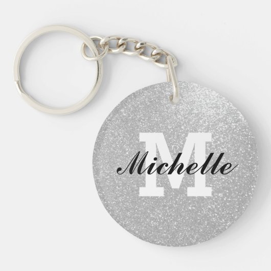 Silver glitter naam monogram sleutelhanger cadeau (Voorkant)