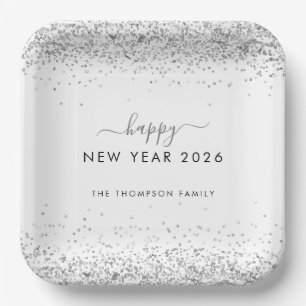 Silver Glitter Naam Wit Gelukkig Nieuwjaar 2026 Papieren Bordje