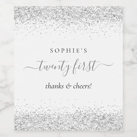 Silver Glitter Name Cheers 21st Birthday Wijn Etiket (Enkel label)