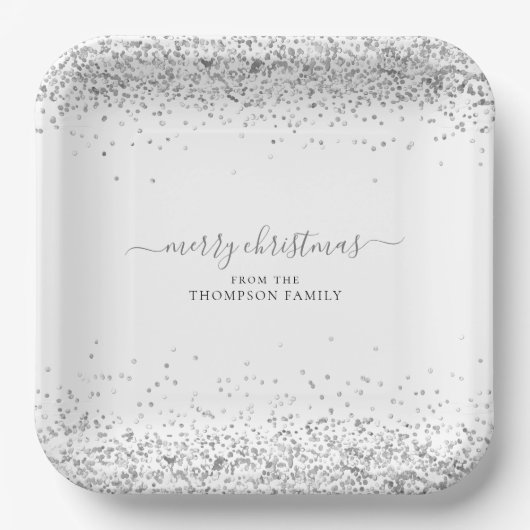 Silver Glitter Name Merry KerstWhite Papieren Bordje (Voorkant)