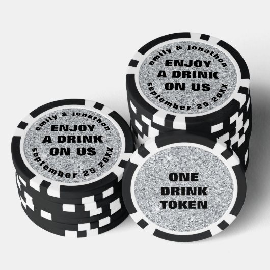 Silver Glitter Namen Datum Bruiloft Drink Token (Opstapeling)