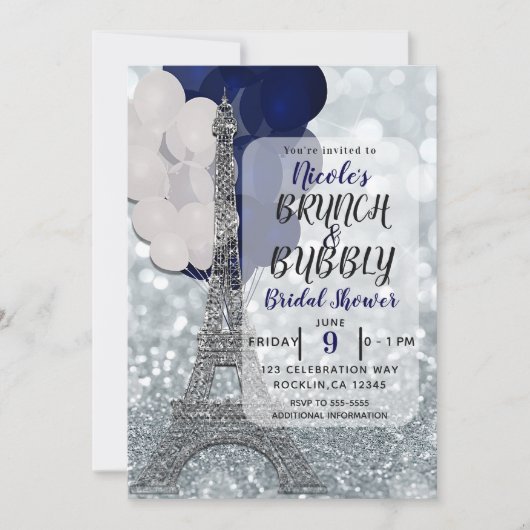 Silver Glitter Navy Balloons Eiffel Tower Paris Kaart (Voorkant)