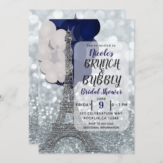 Silver Glitter Navy Balloons Eiffel Tower Paris Kaart (Voorkant / Achterkant)