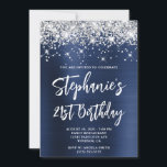 Silver Glitter Navy Blue Bold 21st Birthday Kaart<br><div class="desc">Een modern, glamoureus handgeschreven stijl vet script 21st verjaardagsuitnodiging voor haar. U kunt deze uitnodiging aanpassen voor een andere viering van een mijlpaal op de verjaardag. De digitale kunstfunctie is faux sparkly Silver Glitter met extra sparkles tegen een folie en donkerblauw satin ombre digitaal art grafisch afbeelding. Alle glorieuze elementen...</div>