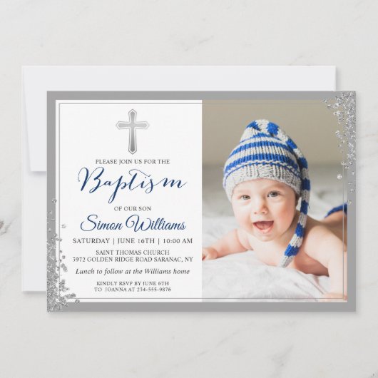 Silver Glitter Navy Blue Boy Baptism Foto Kaart (Voorkant)