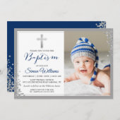 Silver Glitter Navy Blue Boy Baptism Foto Kaart (Voorkant / Achterkant)