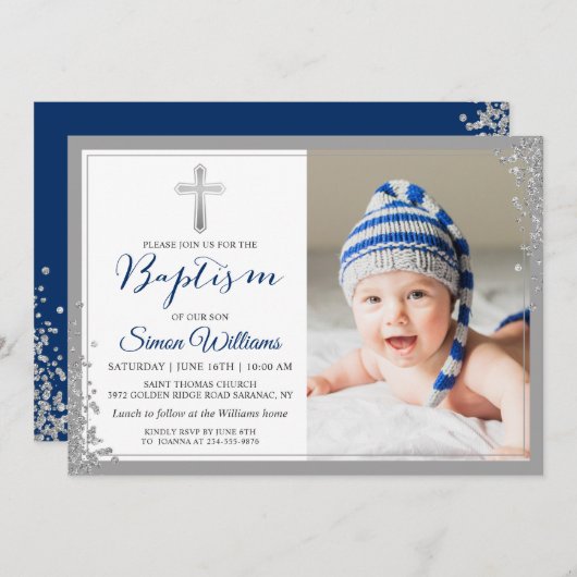 Silver Glitter Navy Blue Boy Baptism Foto Kaart (Voorkant / Achterkant)