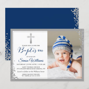 Silver Glitter Navy Blue Boy Baptism Foto Kaart