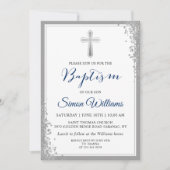 Silver Glitter Navy Blue Boy Baptism Invitation Kaart (Voorkant)