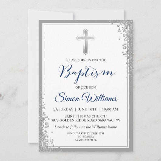 Silver Glitter Navy Blue Boy Baptism Invitation Kaart (Voorkant)