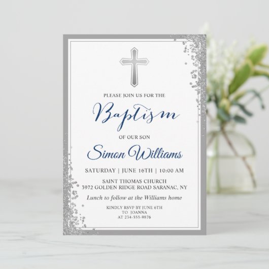 Silver Glitter Navy Blue Boy Baptism Invitation Kaart (Staand voorkant)