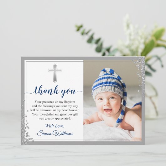Silver Glitter Navy Blue Boy Baptisme Script Bedankkaart (Staand voorkant)
