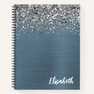 Silver Glitter Navy Blue Brushed Metal Monogram Notitieboek