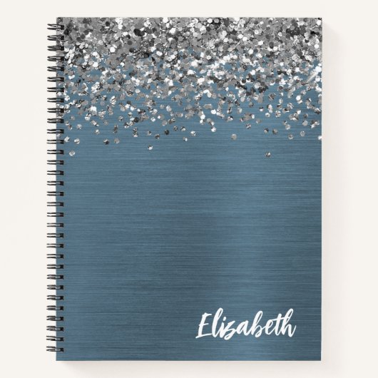 Silver Glitter Navy Blue Brushed Metal Monogram Notitieboek (Voorkant)