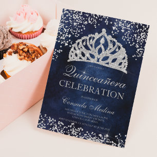 Silver glitter navy blue cement tiara Quinceañera Kaart