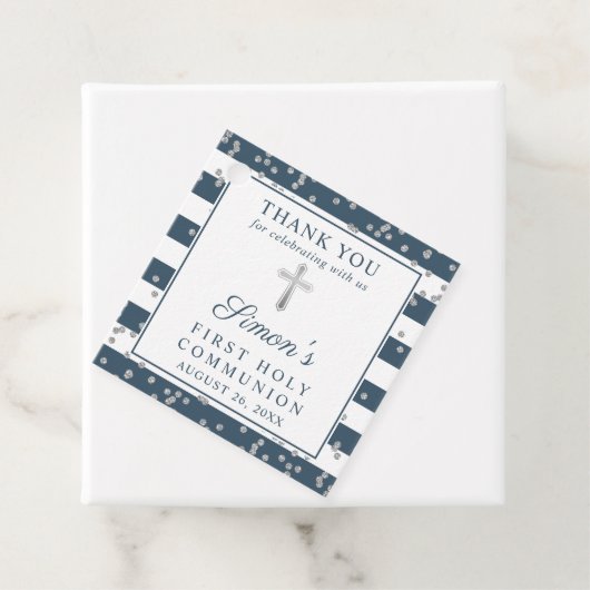 Silver Glitter Navy Blue First Commune Dank u Bedankjes Labels (In situ)