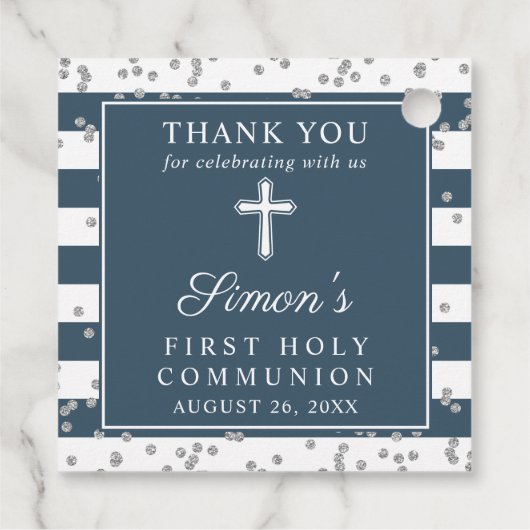 Silver Glitter Navy Blue First Commune Dank u Bedankjes Labels (Achterkant)
