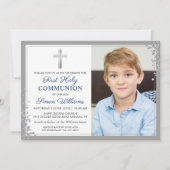 Silver Glitter Navy Blue First Communtion Foto Kaart (Voorkant)
