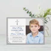 Silver Glitter Navy Blue First Communtion Foto Kaart (Staand voorkant)