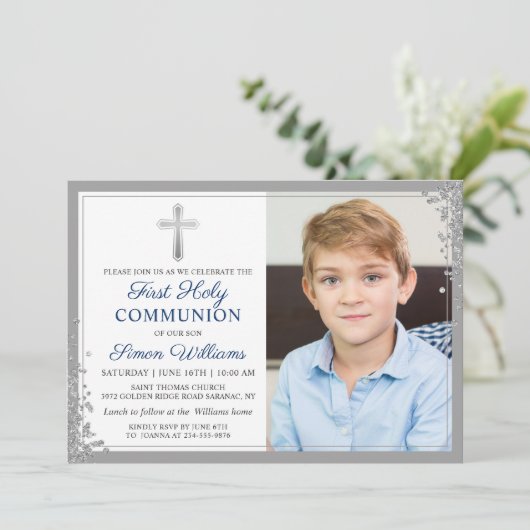 Silver Glitter Navy Blue First Communtion Foto Kaart (Staand voorkant)
