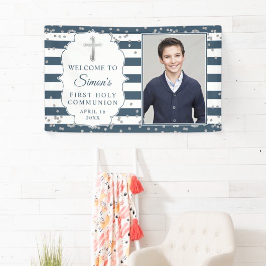 Silver Glitter Navy Blue First Communtion Foto Spandoek (Insitu)