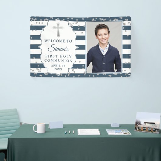 Silver Glitter Navy Blue First Communtion Foto Spandoek (Beurs)