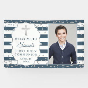 Silver Glitter Navy Blue First Communtion Foto Spandoek