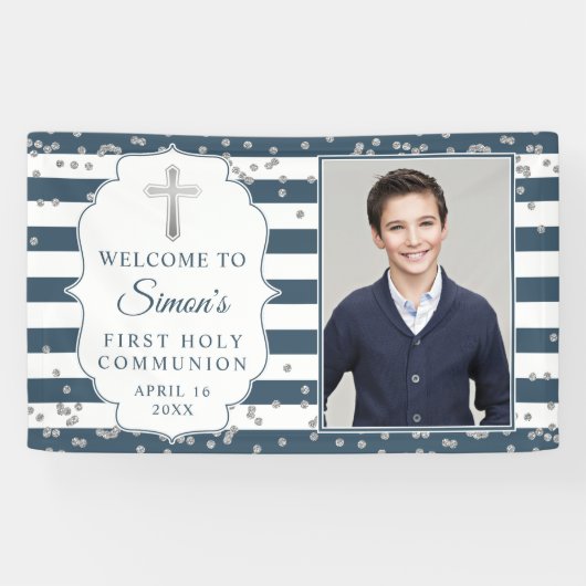 Silver Glitter Navy Blue First Communtion Foto Spandoek (Horizontaal)