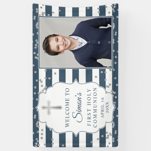 Silver Glitter Navy Blue First Communtion Foto Spandoek (Verticaal)