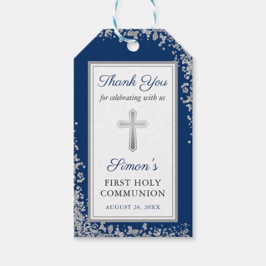 Silver Glitter Navy Blue First Heilige Communie Cadeaulabel (Voorkant)