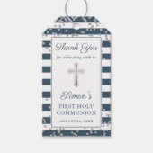 Silver Glitter Navy Blue First Heilige Communie Cadeaulabel (Voorkant)