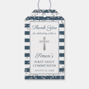 Silver Glitter Navy Blue First Heilige Communie Cadeaulabel