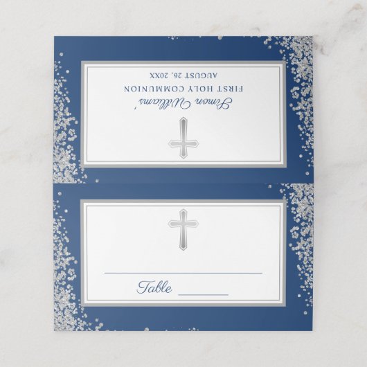 Silver Glitter Navy Blue First Heilige Communie Plaatskaartje (Buitenkant ongevouwen)