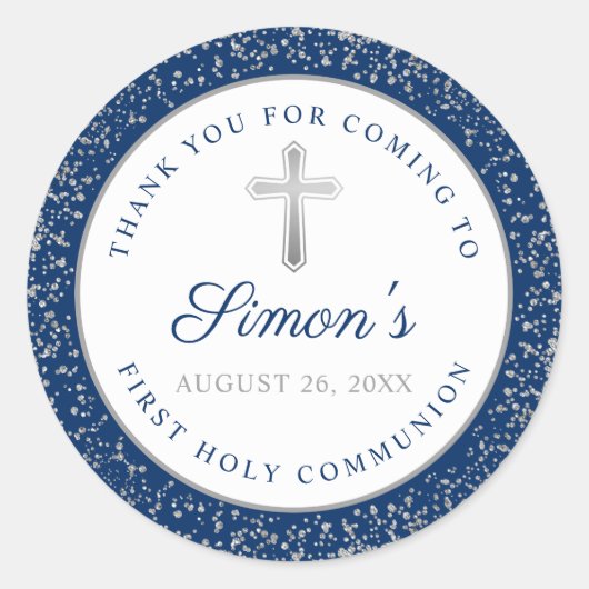 Silver Glitter Navy Blue First Heilige Communie Ronde Sticker (Voorkant)