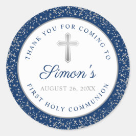 Silver Glitter Navy Blue First Heilige Communie Ronde Sticker