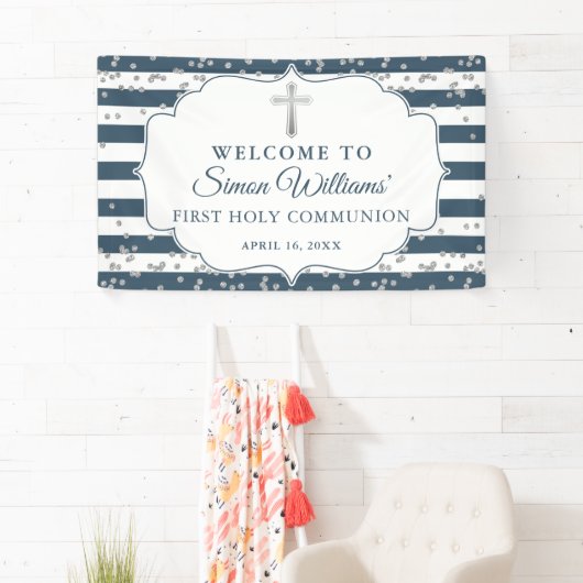 Silver Glitter Navy Blue First Heilige Communie Spandoek (Insitu)